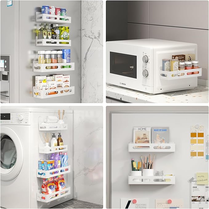 2 Pack Magnetic Spice Rack for Refrigerator, Spice Rack Organizer, Moveable Magnetic Shelf Fridge Organizer with 4 Hooks for Kitchen and Oven Organization, White