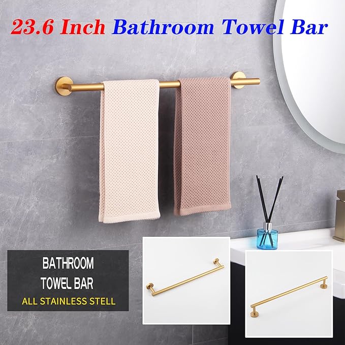 GERZWY 24-Inch Bathroom Towel Bar Gold Stainless Steel Modern Round Style Bath Hand Towel Rack Wall Mount AG1101C60-BE