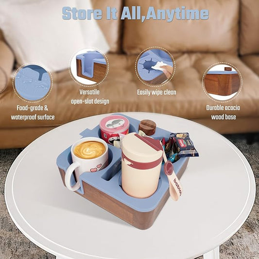 Couch Cup Holder Tray, Real Acacia Wooden Caddy with Soft Silicone, Snack and Drink Organizer- Perfect Movie Night Accessories for Bed, Remote and Cup Holders for Sofa (Blue)-NeatNest