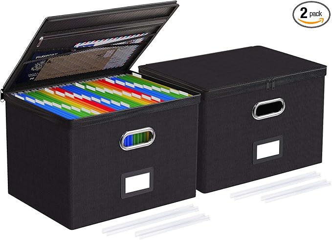 Oterri 2 Pack Large File Organizer Boxes with Lids, File Box with Mesh Pockets, Document Organizer Box for Letter/Legal Size Folders, Zippers Important Document Organizer (Black, Without Folders)