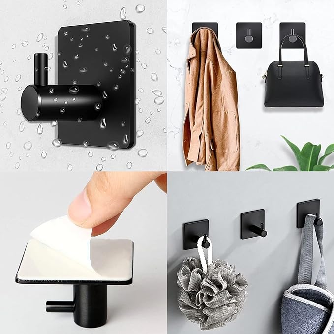 Adhesive Hooks 4 Pack Heavy Duty Stick on Wall Hooks Robe Towel Hooks Waterproof Stainless Steel Black Self Adhesive Hook for Hanging Clothes Bathroom Sticky Hooks