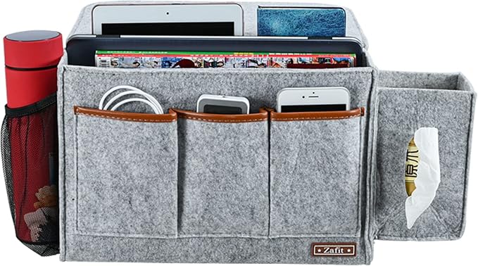 Bedside Caddy, Large Size Bedside Storage Organizer Bedside Organizer Caddy for Magazine Remotes Phone (13.4'' x 18.1'' Tissue box holder, Light Grey)-NeatNest