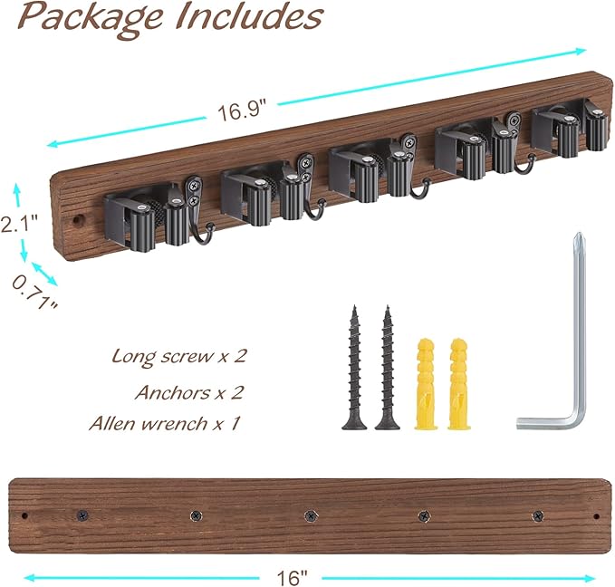 Mop and Broom Holder Wall Mount - Wood Broom Mop Hanger - Wall Mounted Garden Tool Rack Organizer for Closet Garage Laundry Room for Rustic Kitchen Decor With 5 Slots & 4 Hooks-NeatNest