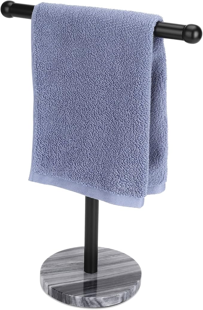 Black Hand Towel Holder Stand with Heavy Marble Base, T-Shape Towel Rack, Free-Standing for Bathroom Vanity Countertop, 304 Stainless Steel (Black)-NeatNest