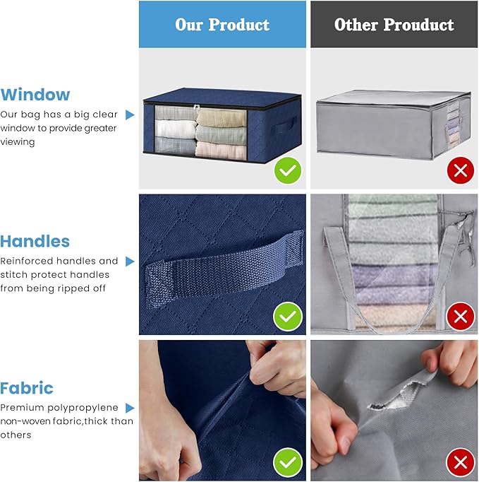 HomeHacks Storage 8-Pack Clothes Organizer Storage Bags Foldable Storage Box with Large Clear Window Sturdy Handles for Closet, Dorm, Pillows, Bedding, Clothes, Blankets, 35L, Blue-NeatNest