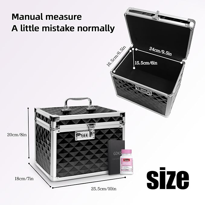 Medication Combination Lock Boxes with Code for Personal Items, Medicine Lockbox for Documents 10 x 7.25 x 7.75 Inches Plaid Black