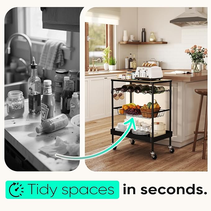 4 Tier Rolling Cart Metal, Easy Install Bar Cart, Heavy Duty, Lockable Wheels for Kitchen, Living Room, Microwave, Black