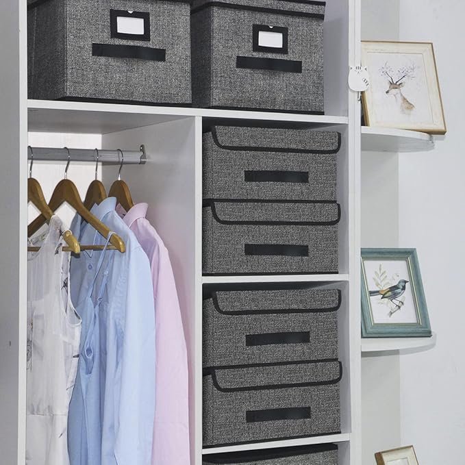 Onlyeasy Foldable Storage Bins Cubes Boxes with Lid - Storage Box Cube Cubby Basket Closet Organizer Pack of Two with Leather Handles for Closet Bedroom, 13"x13", Black, 8MXALB2P