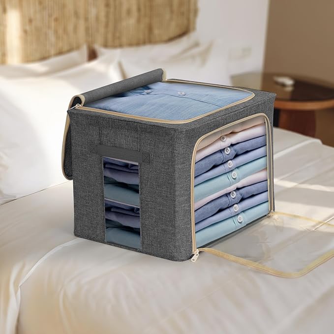 6-Pack Clothes Storage Bags, Foldable Storage Bins with Metal Frame, Clear Window, Reinforced Handles, Durable Non-Woven Fabric for Clothes, Bedding, Blankets, 40L, Dark Gray-NeatNest