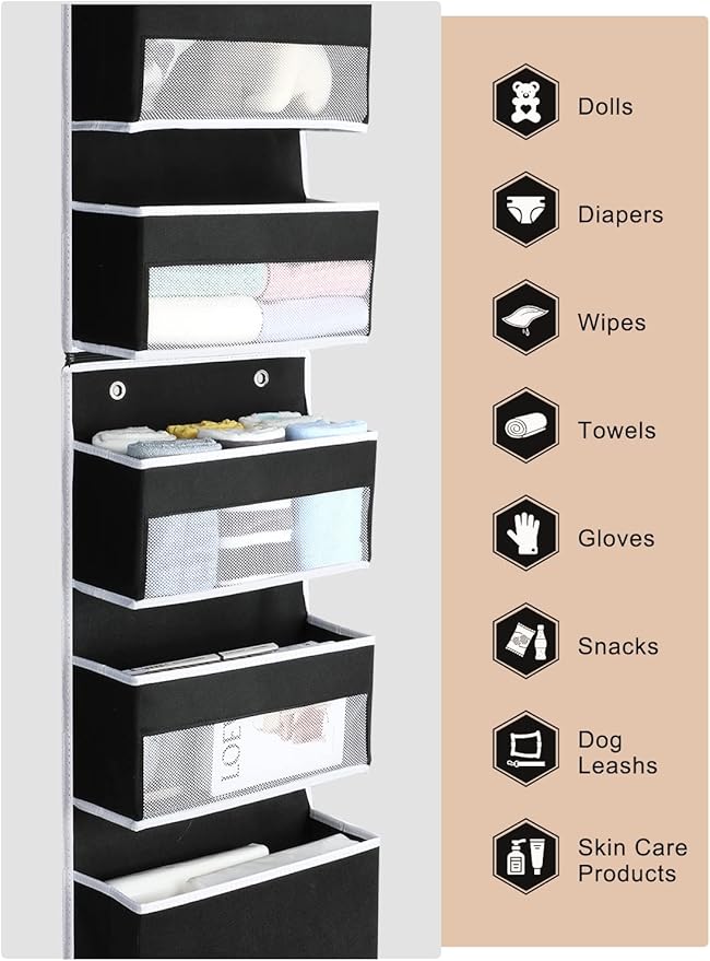 Yecaye 6-Tier Over The Door Storage Organizer, Flexible 1 Split into 2 Swing-Proof Hanging Bathroom Organizer, Bedroom Organizers and Storage for Newborn Baby Essentials, Black-NeatNest
