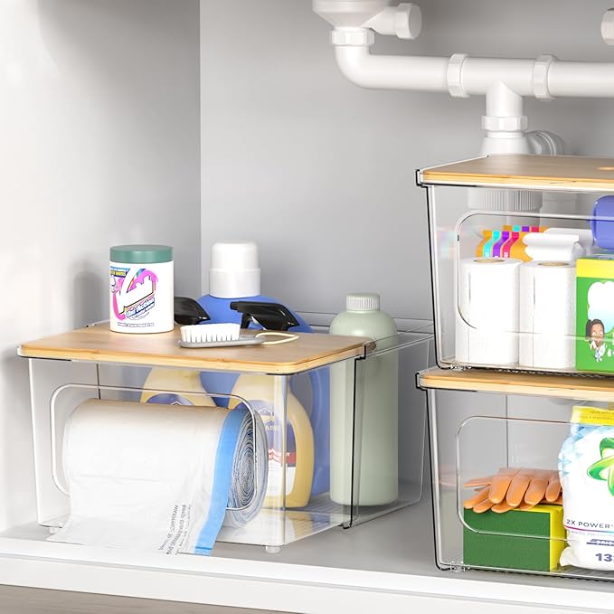 Trash Bag Dispenser Holder - 2 in 1 Clear Acrylic Plastic Garbage Bags Container With Bamboo Lid Storage Box for Kitchen Pantry Laundry Room Organization, Large Trash Bag Organizer Under Sink-NeatNest