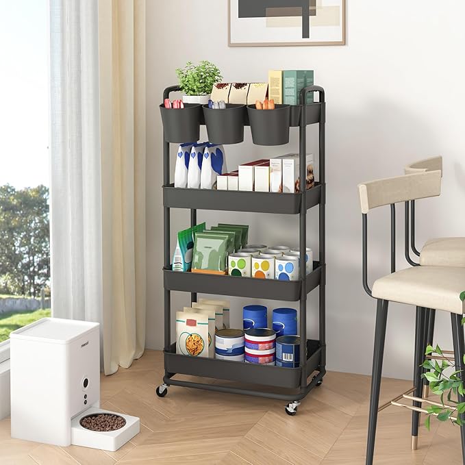 JIUYOTREE 4-Tier Plastic Rolling Storage Cart Utility Cart with Extra Hanging Cups Handles Lockable Wheels for Living Room Bathroom Kitchen Office Black-NeatNest