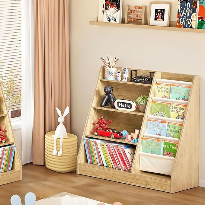 4-Tier Kids Wooden Bookshelf and Toy Storage, 4 Layer Sling Children Bookcase, Book Display Shelf for Kids Bedroom, Playroom, Nursery, Classroom