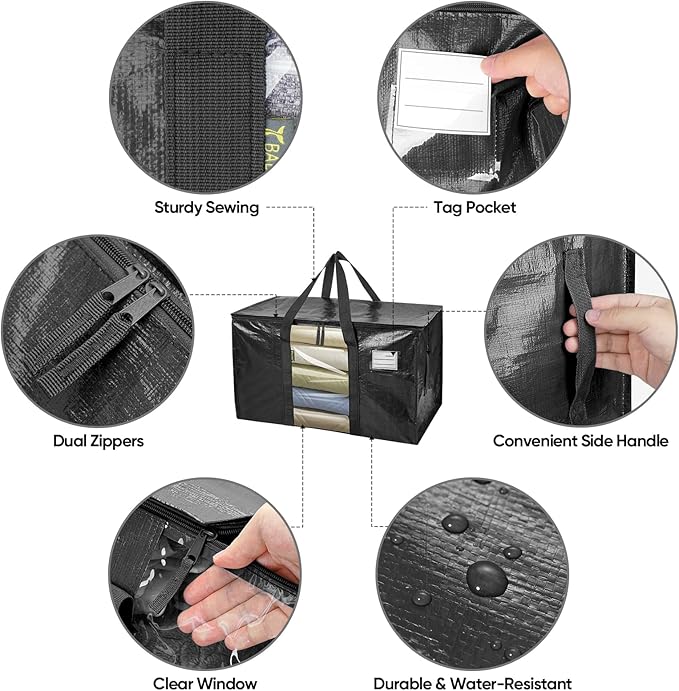 BALEINE 2-Pack Oversized Moving Bags with Reinforced Handles, Heavy-Duty Storage Tote Moving Supplies for Packaging, Camping (Black w/Window, 2-Pack)-NeatNest