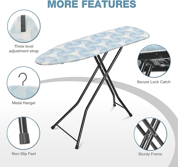APEXCHASER Ironing Board, Full Size Steam Iron Board,Large Heavy-Duty Sturdy Metal, Dual-use for Both Flat and Steam Iron Foldable Ironing Board with Heat Resistant Cover, 14x48, Blue