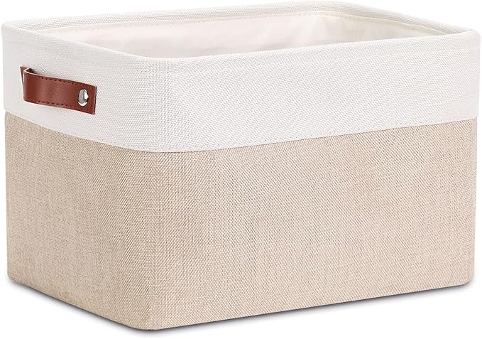 DULLEMELO Collapsible Rectangle Fabric Storage Basket for Organizing Clothes, Toys, Towels, Books, Laundry, Nursery, Dog Toys (White & Khaki)-NeatNest