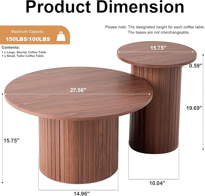 Round Nesting Coffee Tables Set of 2 -φ27.6 Large Short + φ15.8 Small Tall Boho Circle Side Tables with Fluted Drum Design