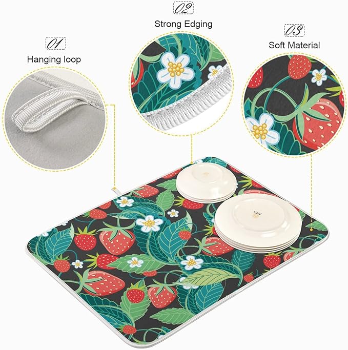 Absorbent Dish Drying Mat for Kitchen Counter - Strawberry Leaves Microfiber Drying Pad, Reversible Drainer Mats for Countertop, Large 18" x 24"