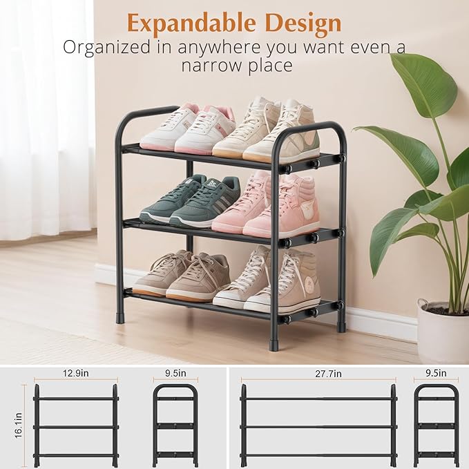 INSMART 3-Tier Expandable Shoe Rack, Stackable and Adjustable Shoes Organizer Storage Shelf, Sturdy and Durable Metal Structure Free Standing Shoe Rack for Closet Entryway Doorway-NeatNest