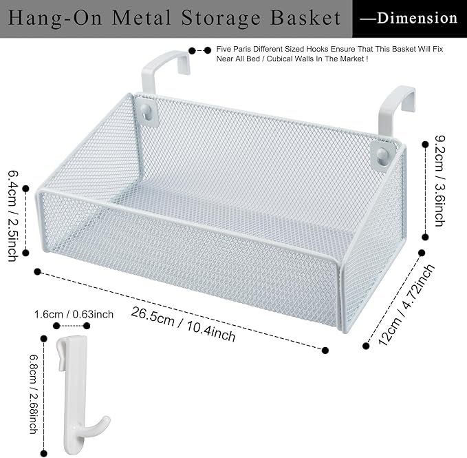 Bedside Caddy Shelf Hanging Storage Basket for Bunk Bed and Office Cubical Walls,Baby Bed Rails,College Dorm Bed Organizer - 5 Pairs Sized Hooks-for Phone Glass Magazine Decor (White)-NeatNest