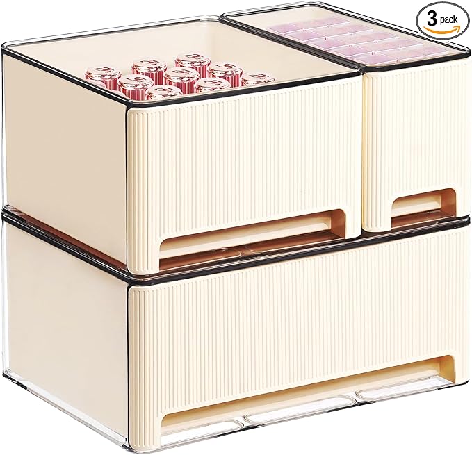 Stackable Makeup Organizer, 3 Pack Plastic Drawer Storage with Handle for Vanity Bathroom Countertop, Cream-NeatNest