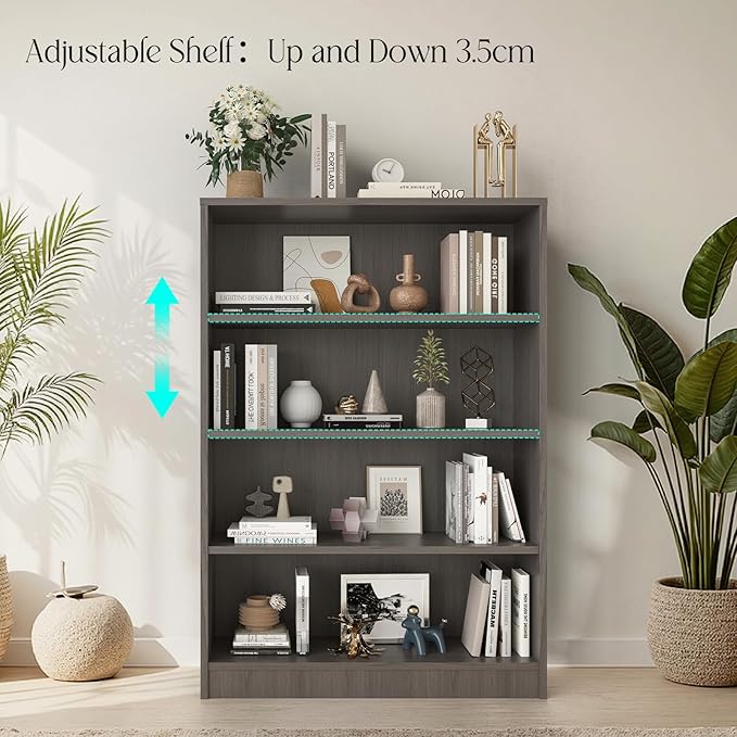 Farini 48 Inch Tall 4-Shelf Bookcase, Wood Bookshelf Storage Organizer Adjustable Shelf for Home Office, Study Room, Easy Assembly,Grey