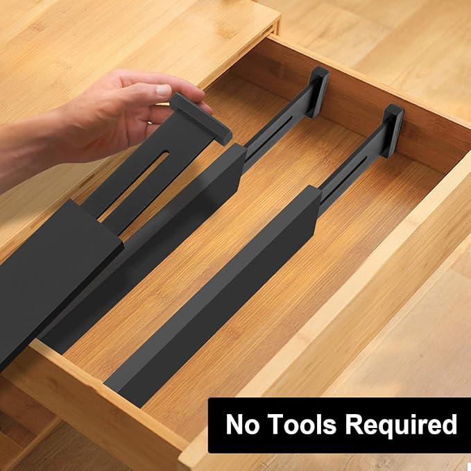 Bamboo Drawer Dividers Organizers, Kitchen Drawer Organizer, Adjustable Drawer Divider for Clothes, Kitchen, Dresser, Bedroom, Bathroom and Office, 4-Pack (Black, 12-17 IN)-NeatNest