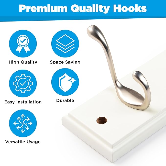 GlazieVault Coat Hooks Wall Mounted - MDF Board Nickel Hook Coat Rack(2 Pack) - Heavy Duty White -Coat Hooks for Wall Clothes Hooks and Wall Hooks-NeatNest