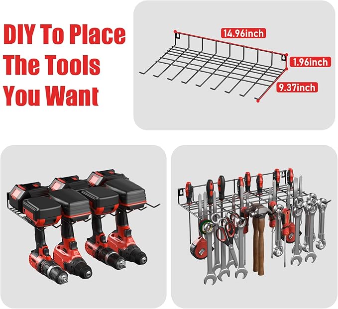 JUNNUJ Tool Organizer with Charging Station, 3 Layers Wall Mount Garage Tools Storage with 8 Outlets Power Strip, 4 Drills Holder Battery Heavy Duty Metal Shelf, Utility Rack with Hooks, Black