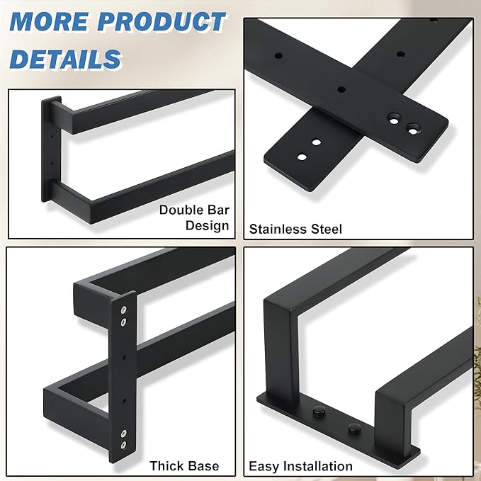 Alise Double-Layer Towel Bar, Matte Black Towel Racks for Bathroom Wall Mounted, Stainless Steel Bathroom Towel Holder, Modern Space Saving Towel Rod, 16"