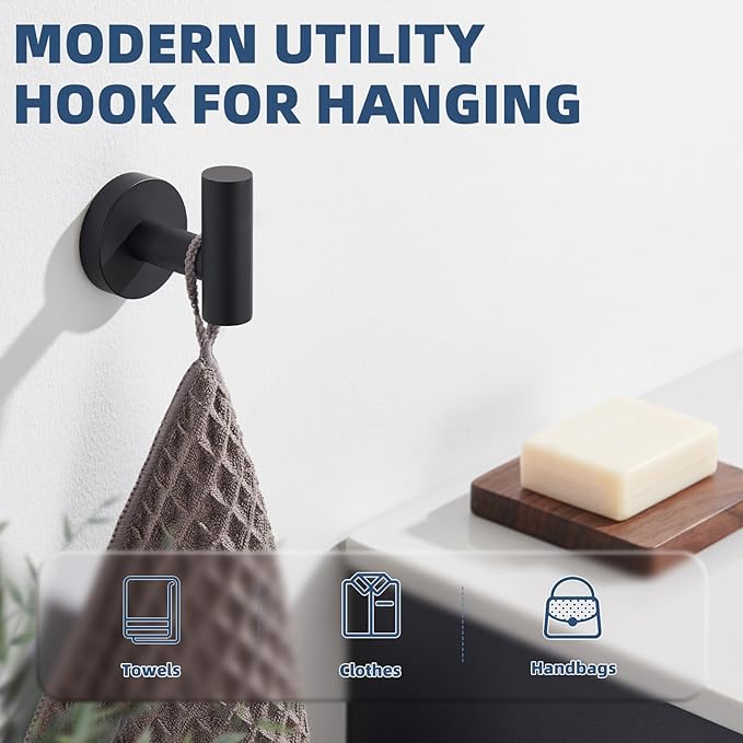 APLusee Towel Coat Hook Matte Black, 304 Stainless Steel Robe Hook, Bath Kitchen Contemporary Wall Mounted
