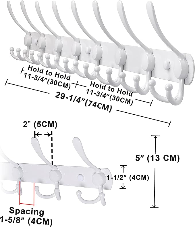 Dseap Coat Rack Wall Mount - 29.5” Long 8-Tri-Hooks Heavy Duty Coat Hanger Rail Wall Hooks for Hanging Coats Hats Clothing Clothes Purse Mudroom Entryway, White-NeatNest
