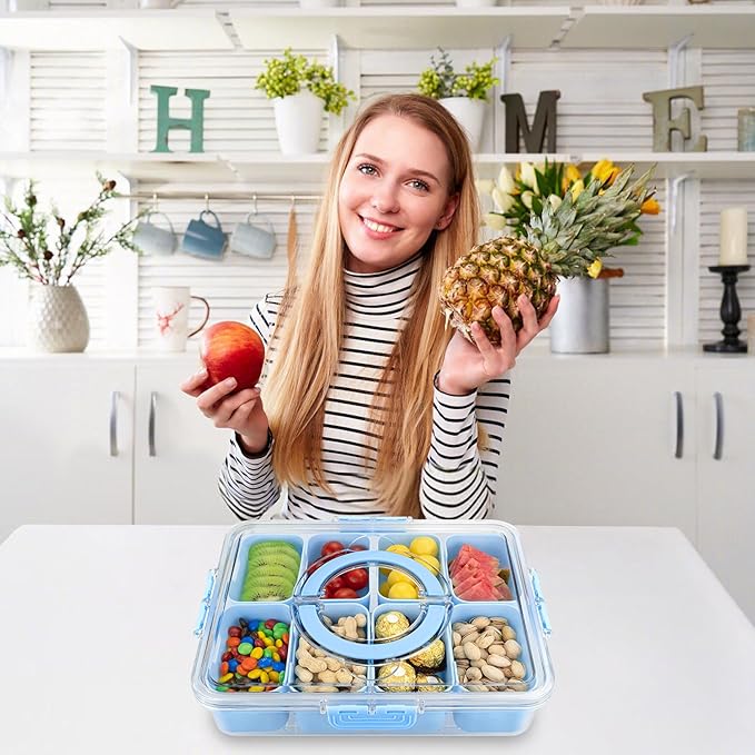 Divided Serving Tray with Lid and Handle,8 Compartments Snacks Box,Snack Fruit Veggie Tray,Portable Platter for Candy Fruits Nuts Snack Party Entertaining Picnic (2PCS Blue)-NeatNest