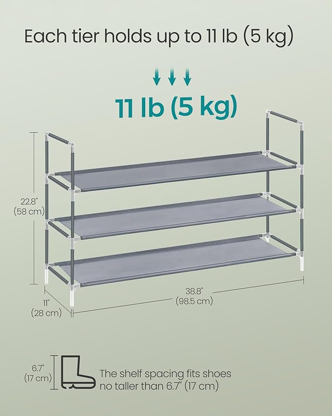 SONGMICS 3-Tier Shoe Rack, Shoe Storage for Hallway Closet, Slim and Space-Saving, Metal Frame, Non-Woven Fabric Shelves, Grey ULSH053G01V1-NeatNest
