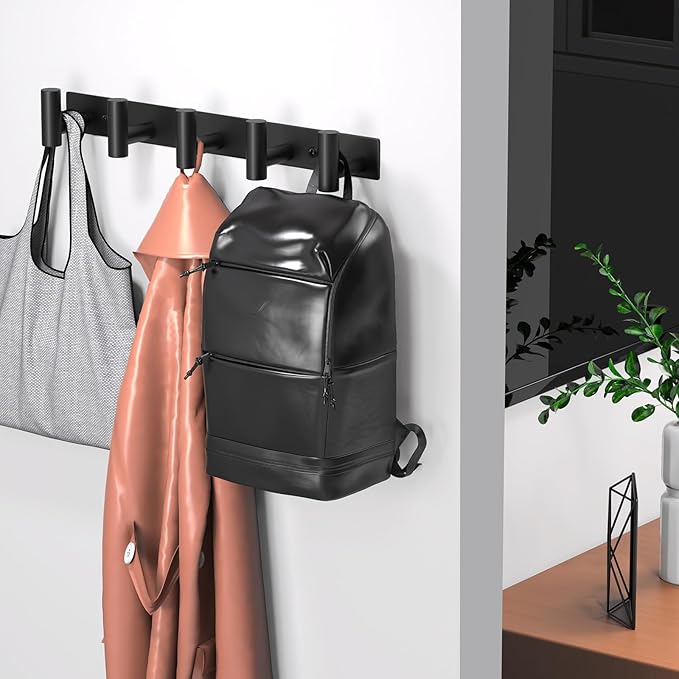 Wall Mounted Coat Rack-5 Hooks, Heavy Duty Stainless Steel Hook Rail for Towel Coat Hat Purse Bag Jacket, Towel Hooks for Entryway Bathroom Kitchen (Black 5 Hooks - 1 Pack)-NeatNest