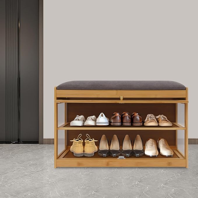 Eapmic Shoe Storage Bench, Entryway Shoe Rack Bench with Padded Seat Cushion, 2-Tier Shoe Cabinet, Bamboo Shoe Organizer for Hallway Bedroom Living Room Front Door (Burlywood, 27.56 * 12.6 * 16.53in)