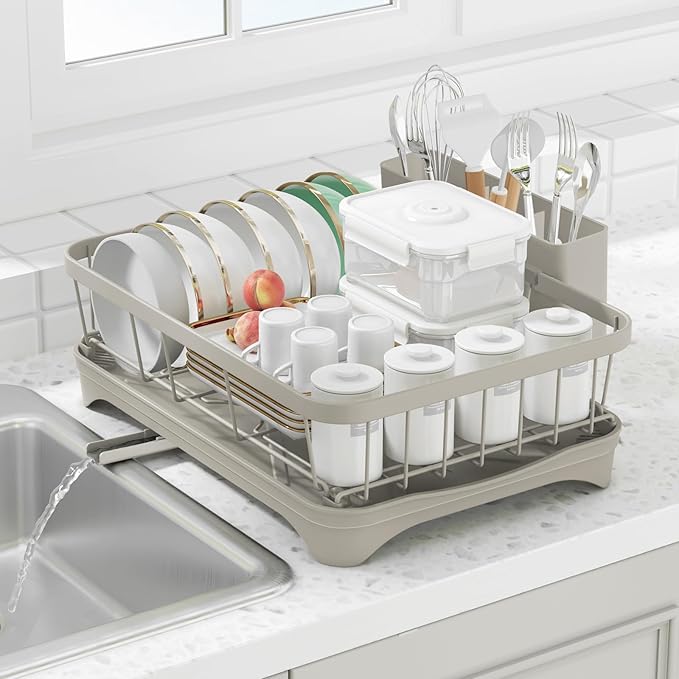 Dish Drying Rack for Kitchen Counter - Space Saving Drying Rack with Drainboard & Utensil Holders, Large Capacity Organizer for Bowls Cups, Countertop Dish Drainer Grey