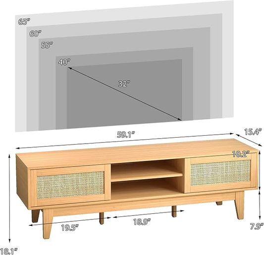 Boho TV Stand for 55 65 Inch TV, Rattan Entertainment Center with Shelves, Cabinets and Sliding Doors, TV Media Console Table with Solid Wood Feet & Cord Holes for Living Room, Bedroom, Natural-NeatNest
