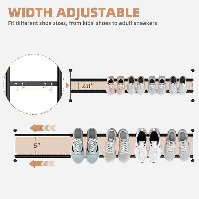 STORAGE MANIAC Long Expandable Shoe Rack, 12 Pairs Metal Wide Stackable Shoe Rack, Adjustable Shoes Shelf, Freestanding Shoes Organizer for Closet, Entryway, Hallway, Garage, Front Door, 2 Tiers-NeatNest
