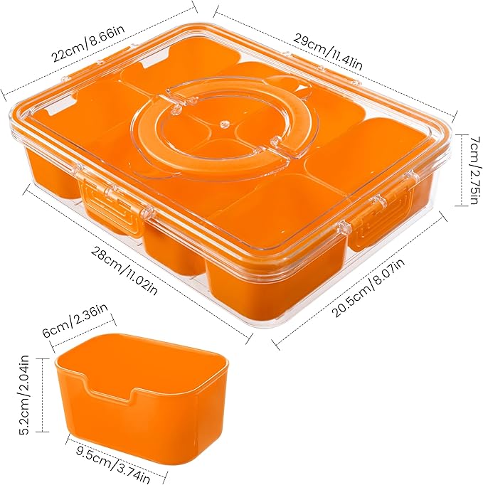 Divided Serving Tray with Lid and Handle - Snackle Box Charcuterie Container for Portable Snack Platters Organizer for Candy, Fruits, Nuts, Snacks - Perfect for Party, Entertaining, Orange-NeatNest
