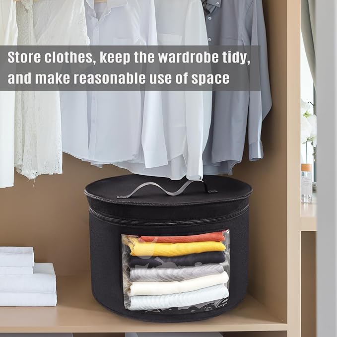 Hat Box, Hat Boxes for Women/Men Storage, 17" D x 10" H, Round Hat Storage Box Container for Closet, Clothes Storage Bin for Stuffed Animal Toy, Foldable Hat Box for Travel with Dustproof Lid (Black)-NeatNest