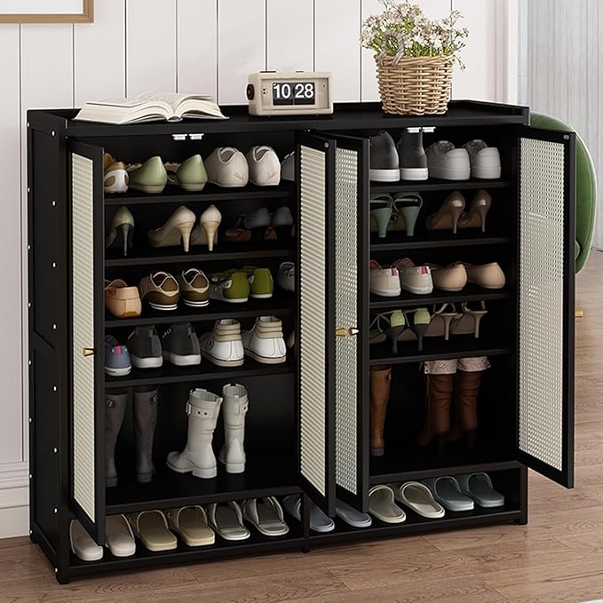 Bamboo Shoe Cabinet, 8-Tier Shoe Storage Cabinet with Doors, Freestanding Bamboo Shoe Rack Organizer with Shelves for Entryway, Hallway, Closet, Living Room (Black)