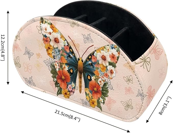 Creative Floral Butterfly Print TV Remote Holder with 5 Compartments, Office Desk Organizers - Nightstand Organizers/Bedside Table Accessory, Storage for Controllers/Media Players Yellow-NeatNest