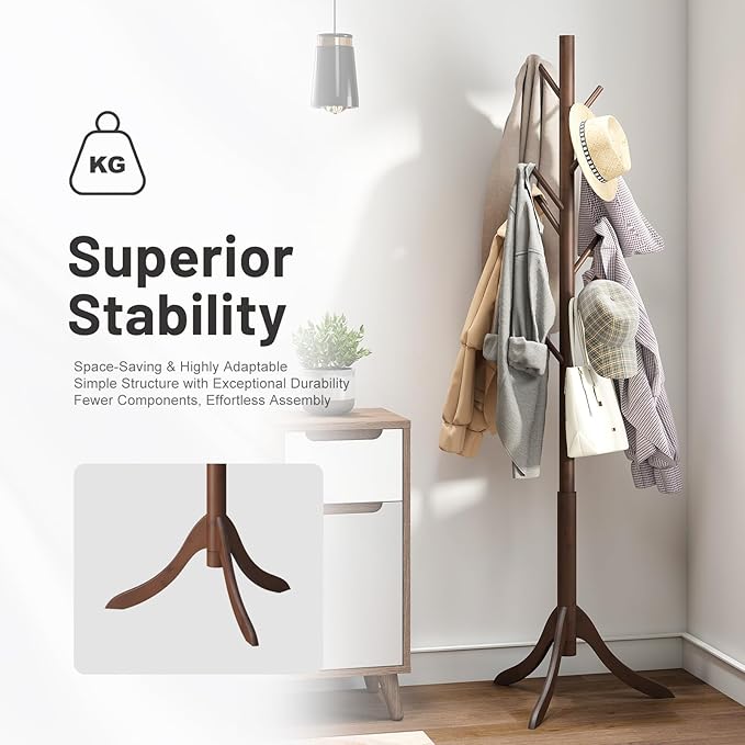 Bamboo Wood Coat Rack Stand, Freestanding Coat Tree with 8 Hooks, Hallway Entryway Hat Hanger Organizer Standing for Bedroom, Office, Clothes, Jackets, Bags, Umbrallas-NeatNest