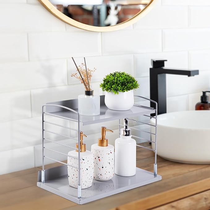 Adjustable Bathroom Countertop Organizer,2 Tier Vanity Shelf Organizer and Storage for Cosmetic Skincare Perfume, Metal Kitchen Countertop Shelf for Coffee Station,Condiment,Cupcakes,Plants,Mugs-NeatNest
