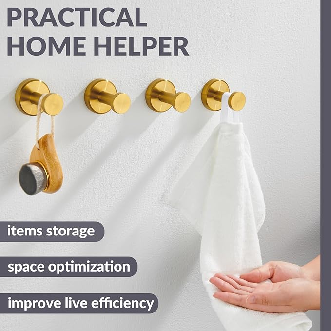 APLusee Round Robe Towel Hook 4 Pack Brushed Gold, 304 Stainless Steel Coat Utility Hook Bathroom Wall Mount