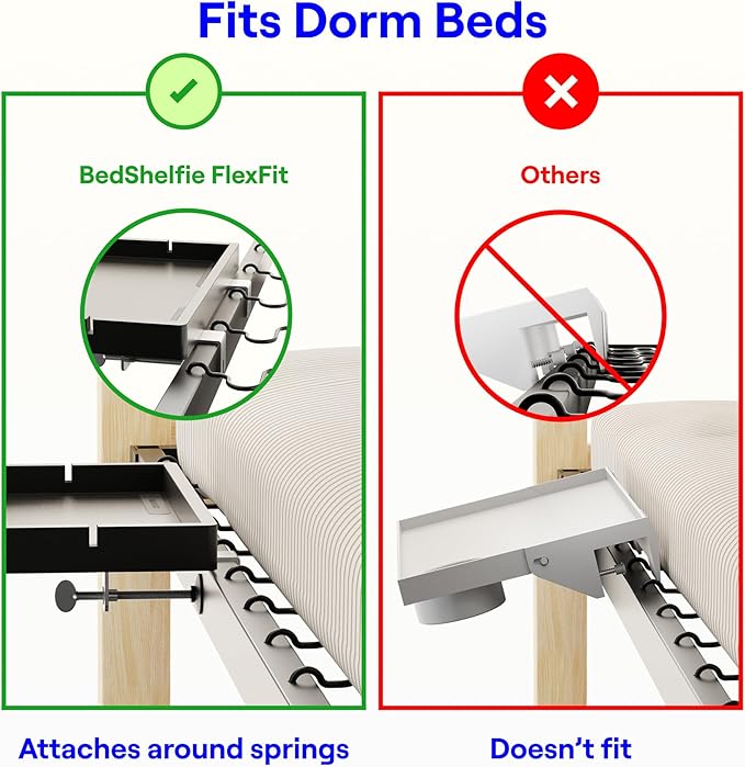 BedShelfie Bedside Shelf for Bunk Bed & Top Bunk, College Dorm Room Essentials, Loft Nightstand, Floating Bed Side Table Tray Storage, Dorm Room Decor by Smallish - (Flexfit Model, Black)-NeatNest
