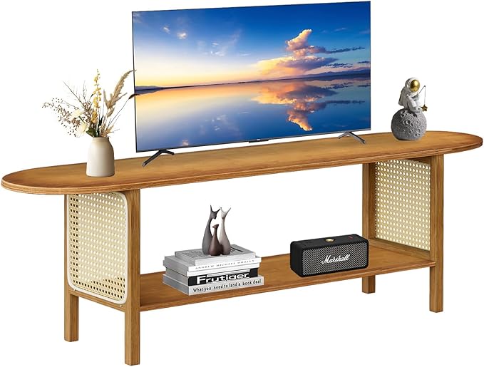 Bamboo TV Stand for TVs up to 65", Accent Entertainment Center with Storage, Media Console Table with Rattan, Modern TV Stand for Living Room, Bedroom, 55"(L), Walnut-NeatNest