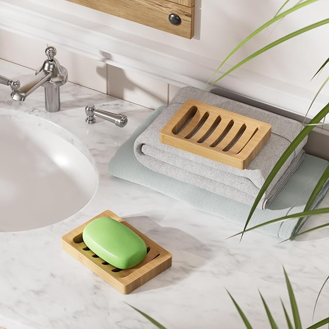 AmazerBath Soap Holder Soap Dish, Bamboo Soap Dish, 2 Pack Wood Bar Soap Holder for Shower, Trays Self Draining, Soap Saver for Shower, Bathroom, Kitchen(Natural Color)-NeatNest