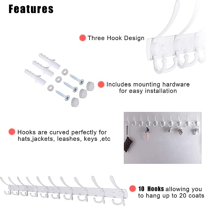 Dseap Coat Rack Wall Mount - 38” Long 10-Tri-Hooks Heavy Duty Coat Hanger Rail Wall Hooks for Hanging Coats Hats Clothing Clothes Purse Mudroom Entryway, White, Pack of 2-NeatNest